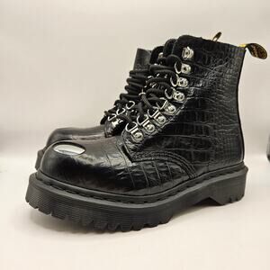 DR MARTENS WOMEN'S 5 CROCODILE TEXTURED 1460 PASCAL STEEL TOE BLACK BOOT
